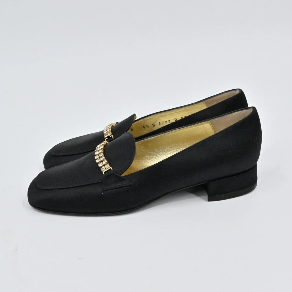 Bruno Magli Crystal Satin Loafers Womens Size 6.5 Black Evening Vintage Italy‎